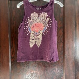 Lucky Brand Women's Purple Graphic Tank with Pink Lotus Motif